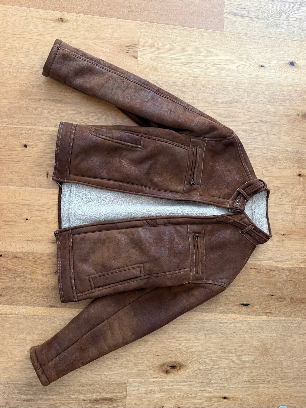 Guess Men's Brown Suede Bomber Jacket with Cream Shearling Lining